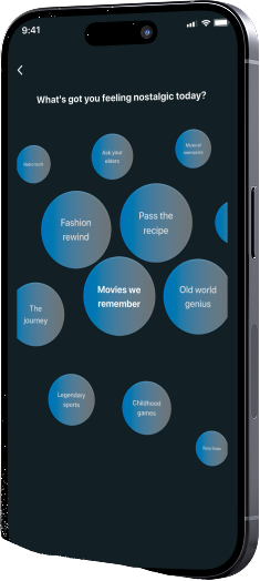 The Trippz category selection screen showing memory categories like Fashion Rewind, Musical Memories, Legendary Sports, and Retro Tech
