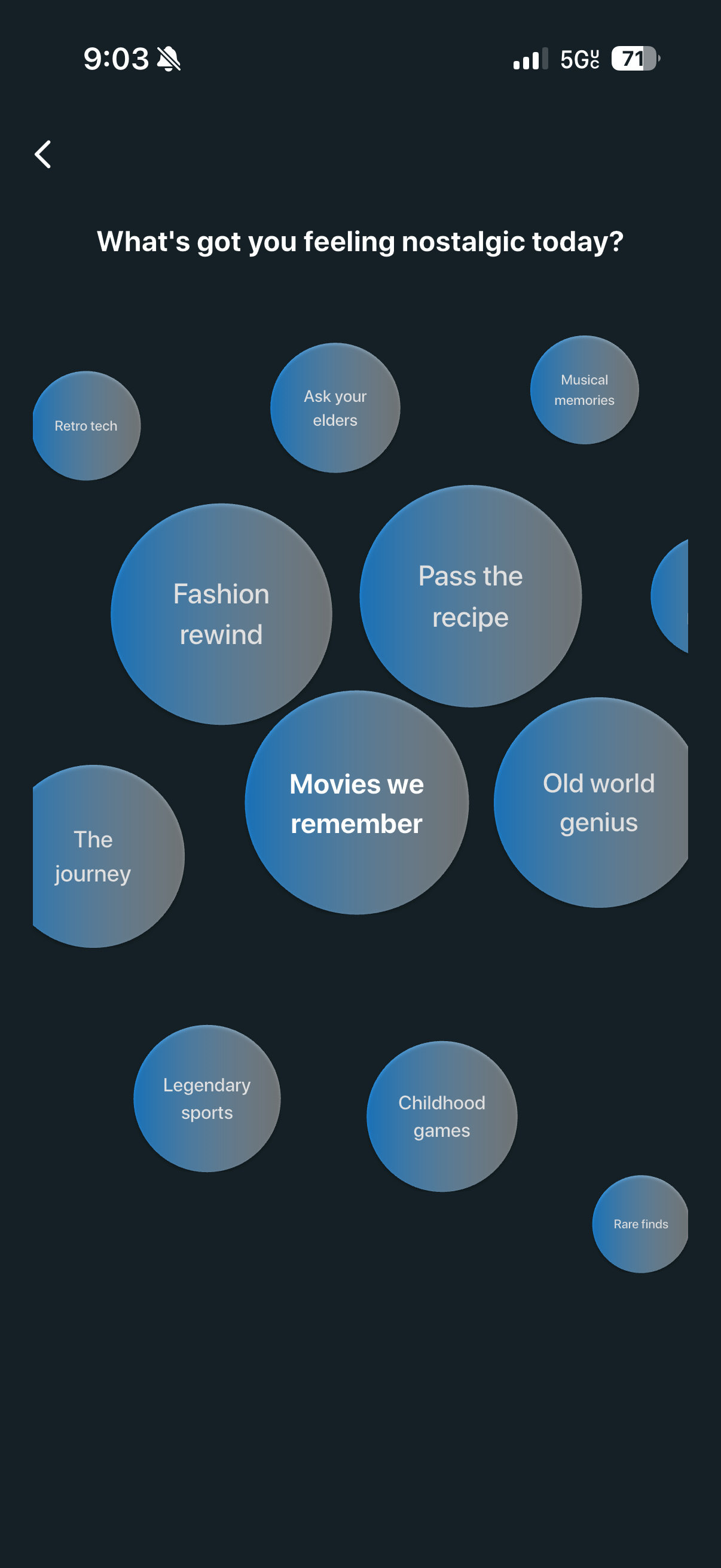 The Trippz category selection screen showing memory categories like Fashion Rewind, Musical Memories, Legendary Sports, and Retro Tech