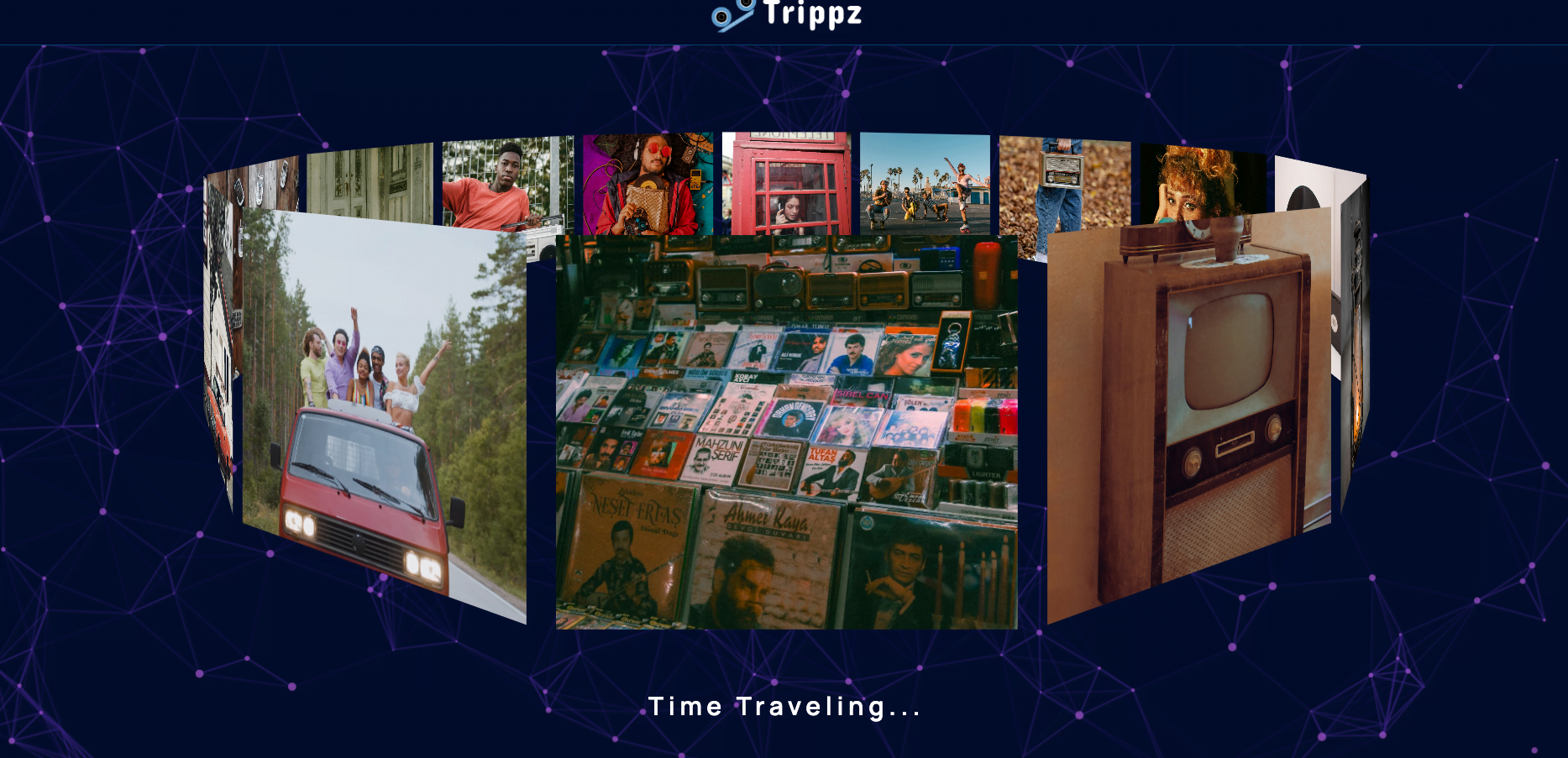 A collage of shared memories on Trippz: vinyl records, retro televisions, road trips, and music from the 2000s, 90s, 80s, 70s, and beyond